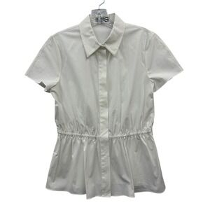 Theory White Poplin Cinched Peplum Button Front Blouse Minimal Chic Classic S